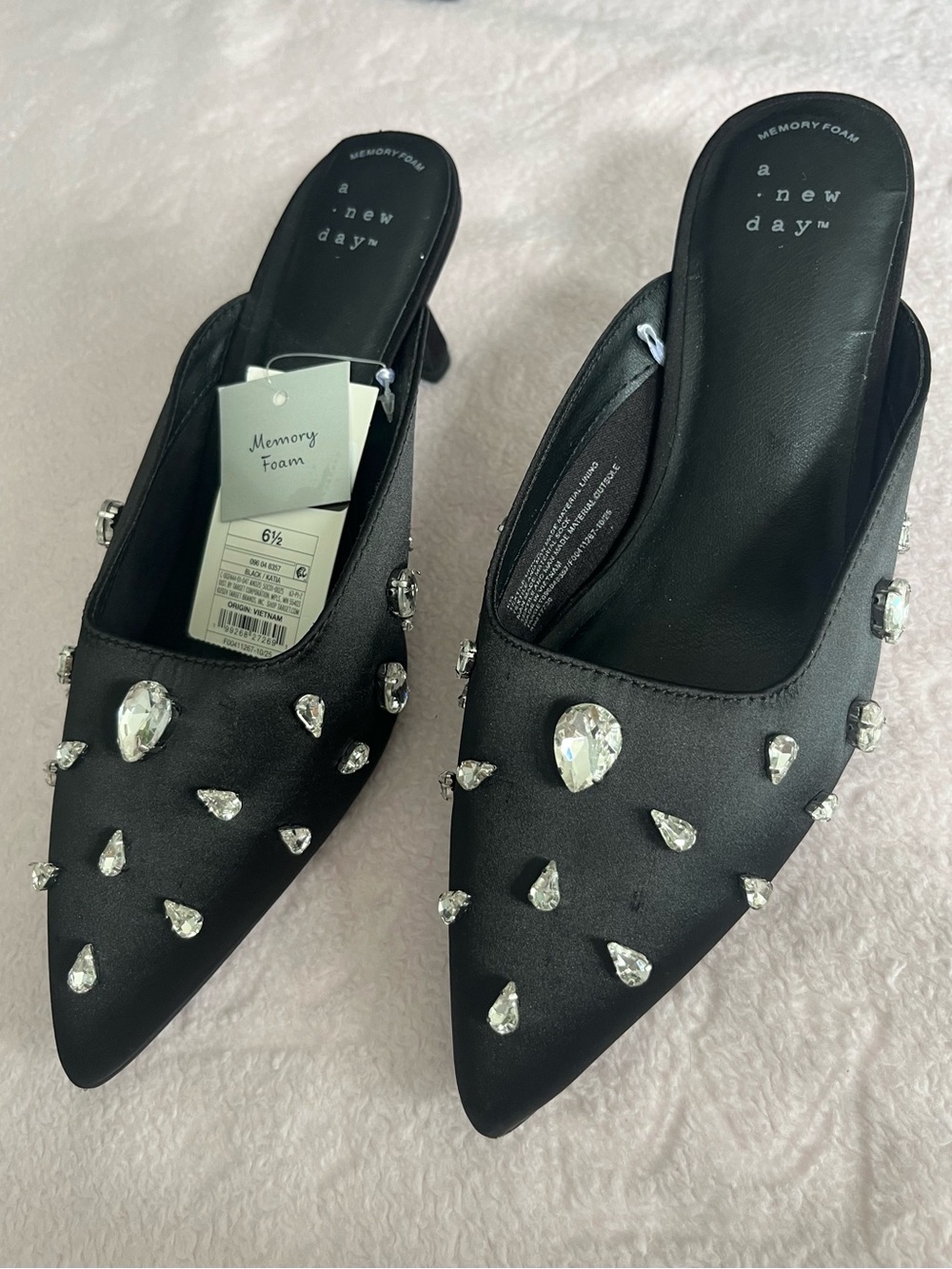 a new day Black Jeweled Pointed Mules with Crystal Accents